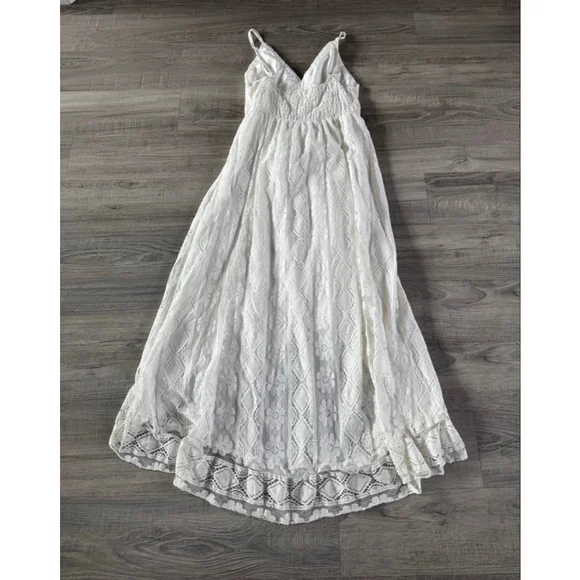 Boho Lace Hi Low Maxi Dress Ivory Cottagecore Romantic Festival EUC No Tags - Picture 10 of 11